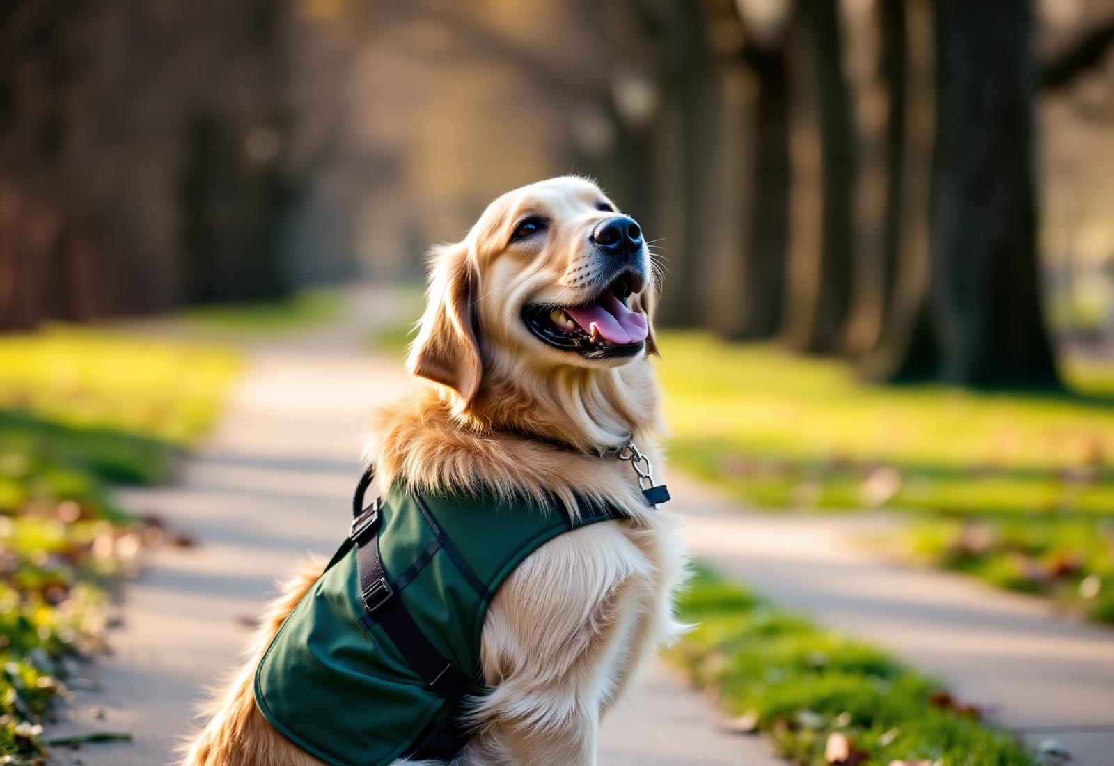 A golden retriever service dog beside its handler on a park path